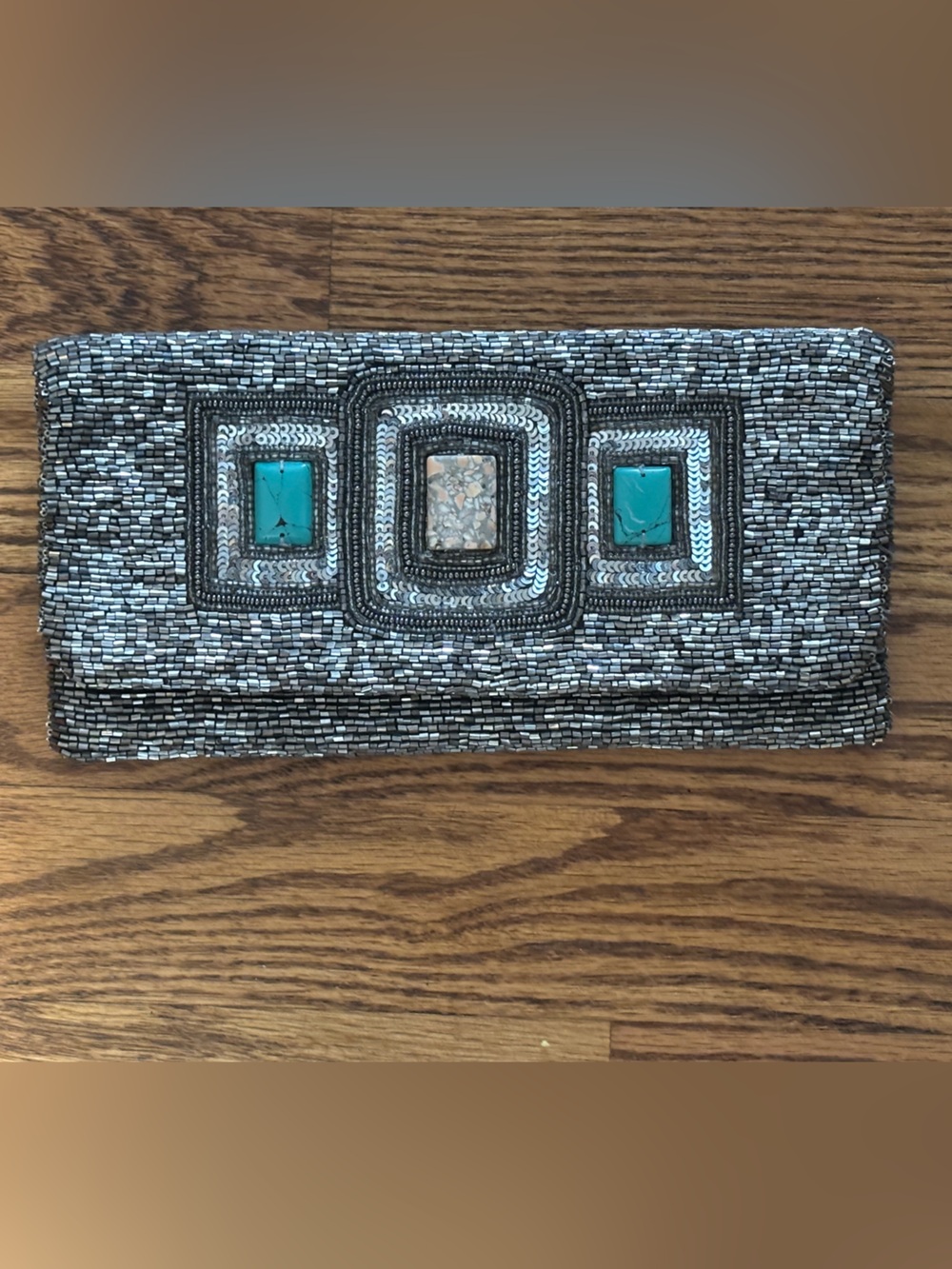 Moyna Beaded Fold-Over Evening Clutch - Silver & Turquoise Accent